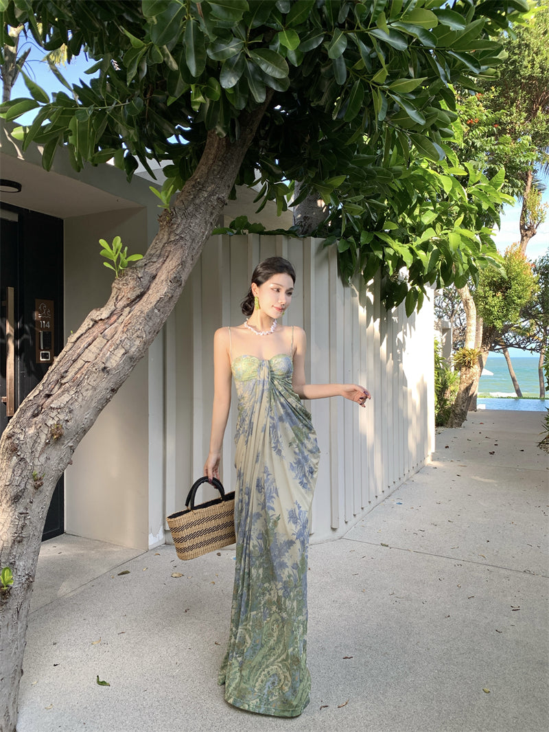 French style beautiful sling dress seaside holiday green print dress beach dress R1564