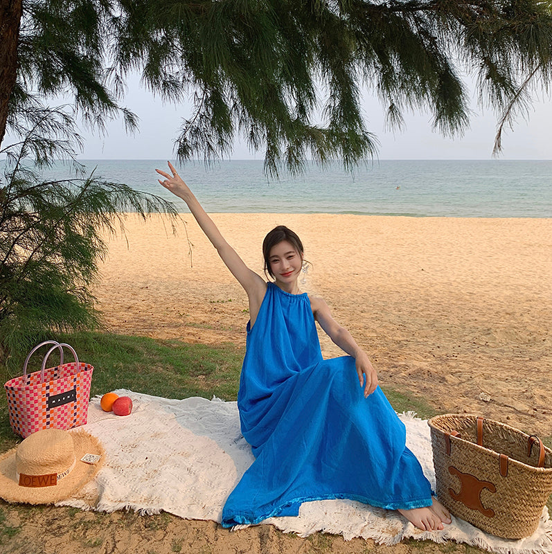 Klein blue sleeveless suspender dress loose lazy style seaside holiday atmosphere dress R1633