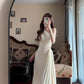 Temperament high-end hollow off-shoulder pleated long skirt design irregular dress R0639