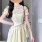 Holiday gentle style yellow jacquard puff sleeve dress unique beautiful waist temperament long skirt R0447