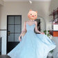 French gentle style blue V-neck suspender skirt 2025 new seaside holiday style waist temperament dress R0443