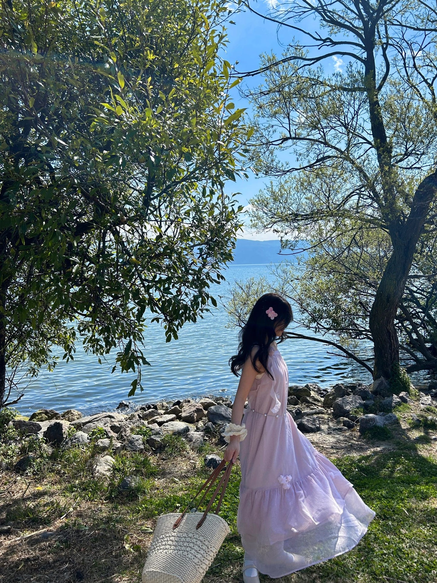 Gentle and sweet style pink sleeveless halter dress holiday style super beautiful loose skirt R0439