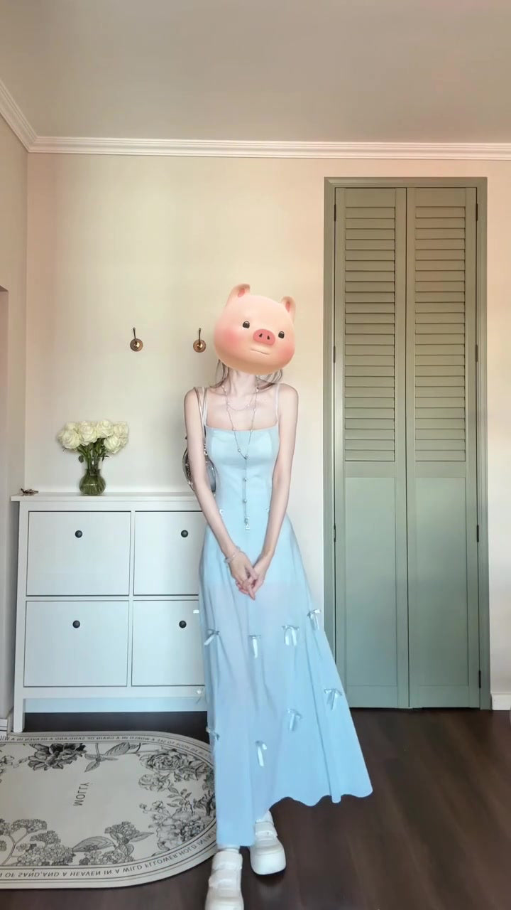 One dress for multiple wears, holiday style blue bow suspender dress, gentle temperament, beautiful long dress R0446