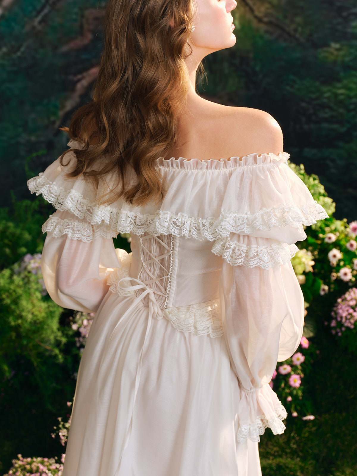 French fairy dress one-shoulder white long dress lace fishbone skirt long sleeves R5103