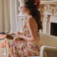 French retro romantic vacation stretch print mesh halter neck fishtail dress R5104