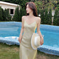 Shiny silk champagne mermaid v French sling slim long dress draped slim dress R1002