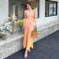 Temperament slim pure desire V-neck off-shoulder streamer sling psychedelic orange sling dress R1003