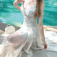 Mint green mesh dress fairy holiday lace summer suspender long dress new style R3873