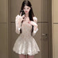 Square collar white lace puff sleeve dress gentle temperament pure waist skirt R0633