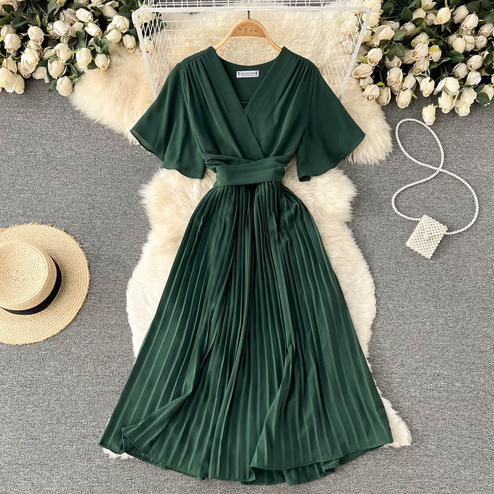 French slim fit long holiday style chiffon pleated maxi dress temperament V-neck dress R2353