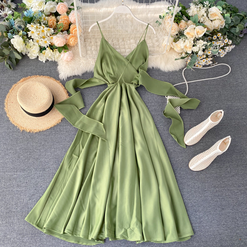 Gentle style long skirt 2025 new backless lace-up waist suspender dress R2354