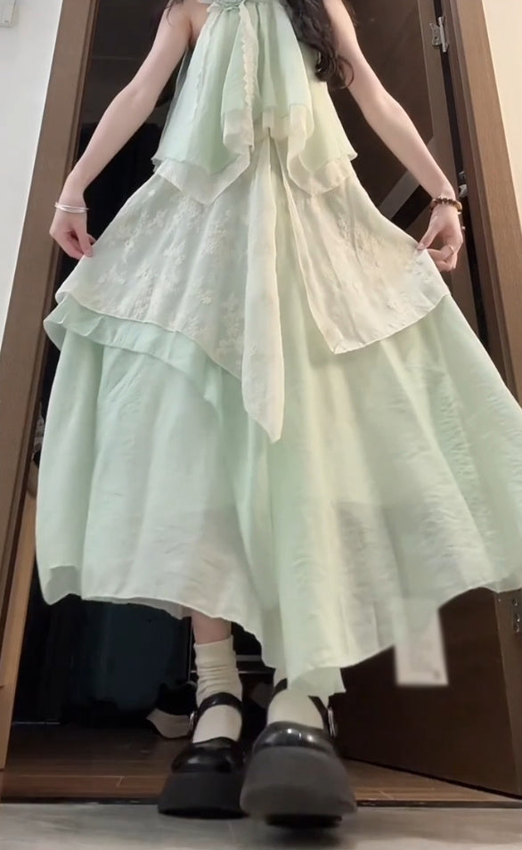 Mint green halter neck dress irregular beautiful loose beach dress R0665