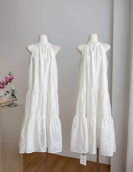 French button jacquard halter dress summer sleeveless swing holiday long dress R2004