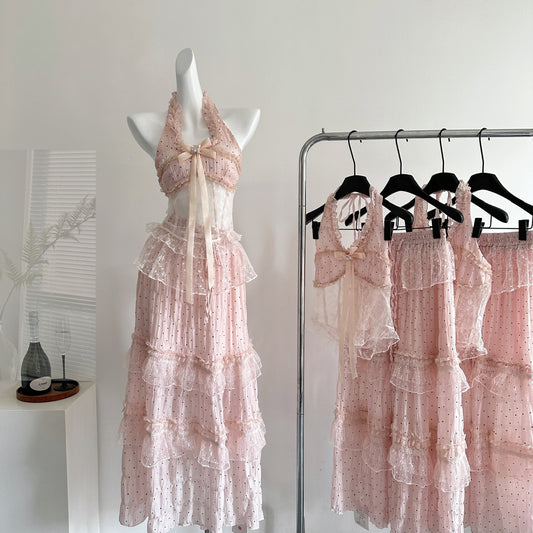 Summer gentle style French design slim top long skirt R2005