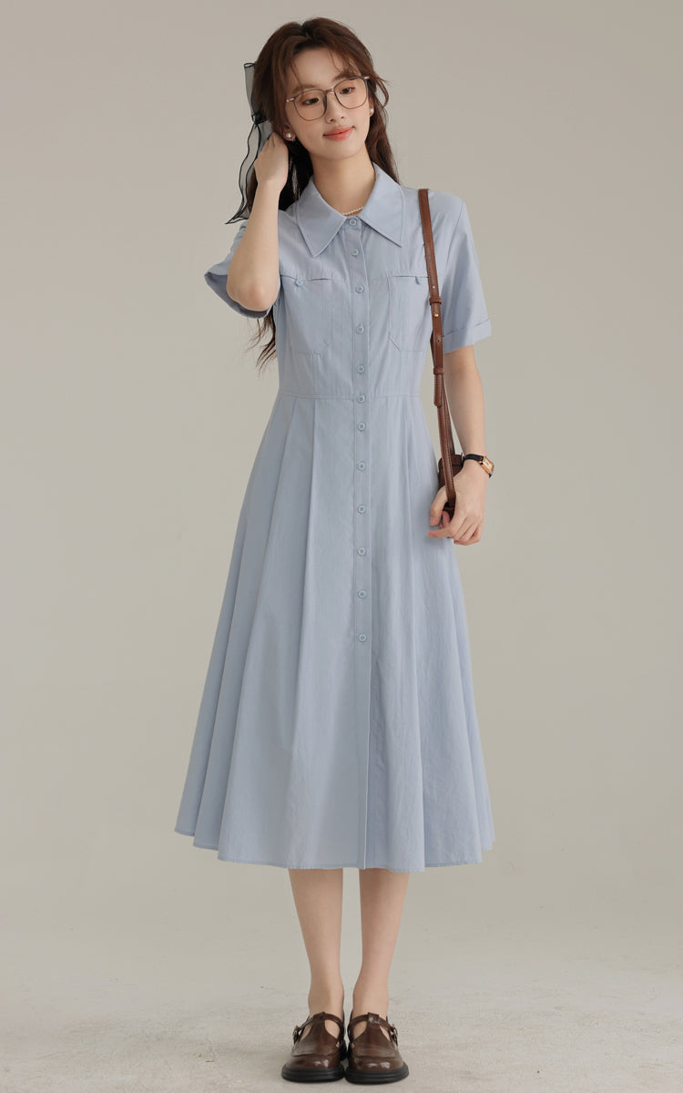 French new blue college style dress waist pleated shirt skirt R1938