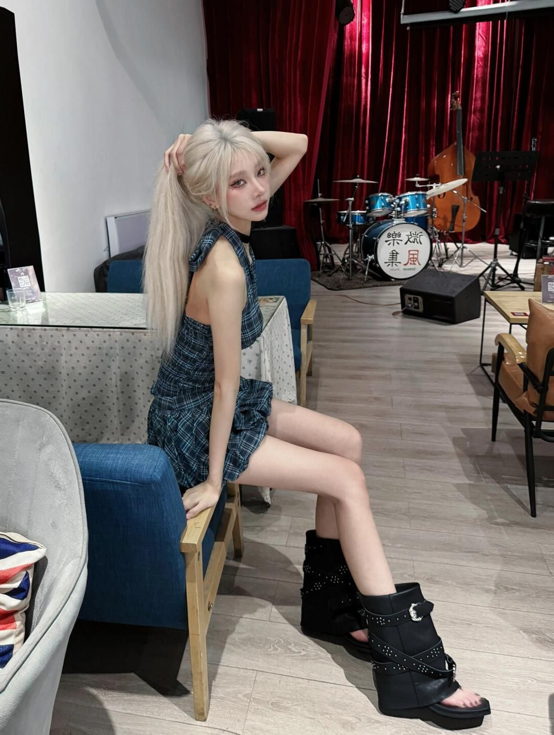 Navy plaid top suit summer American sweet hot girl halter neck vest short skirt suit homecoming dress R3009