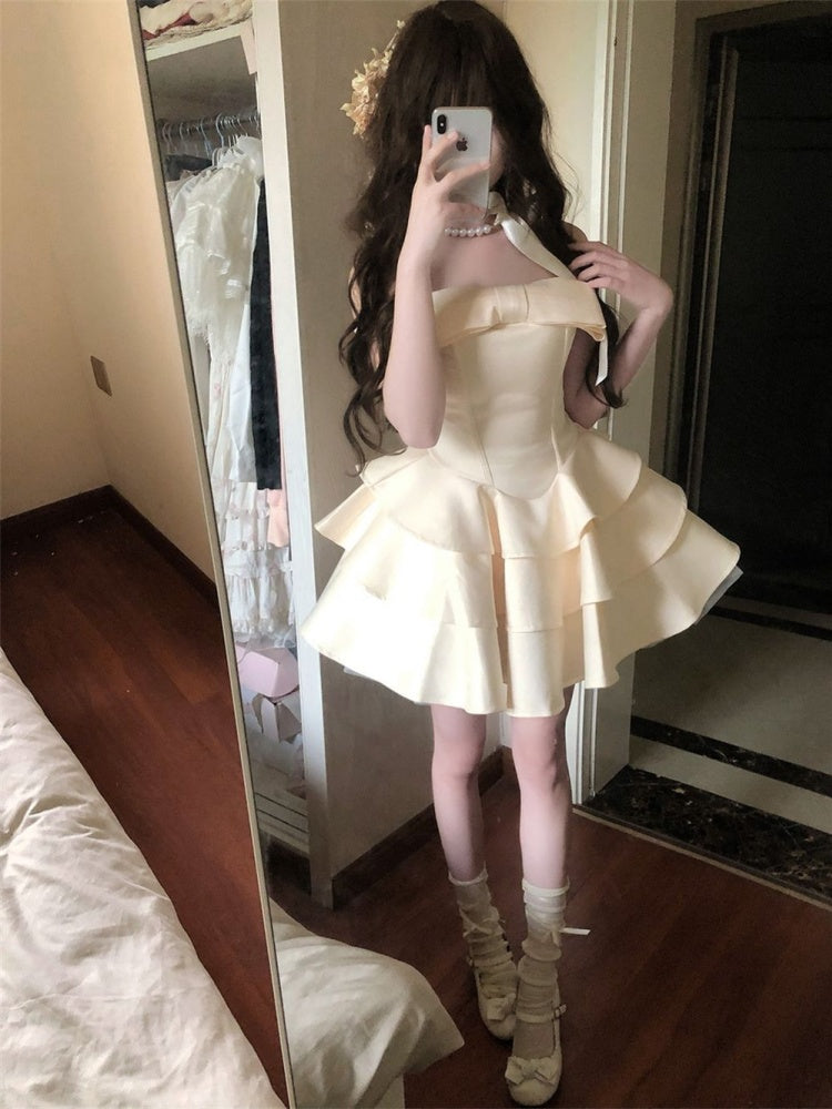 A-line dress with a sense of gold and a shoulder, satin waist, puffy dress, summer homecoming dress R3016