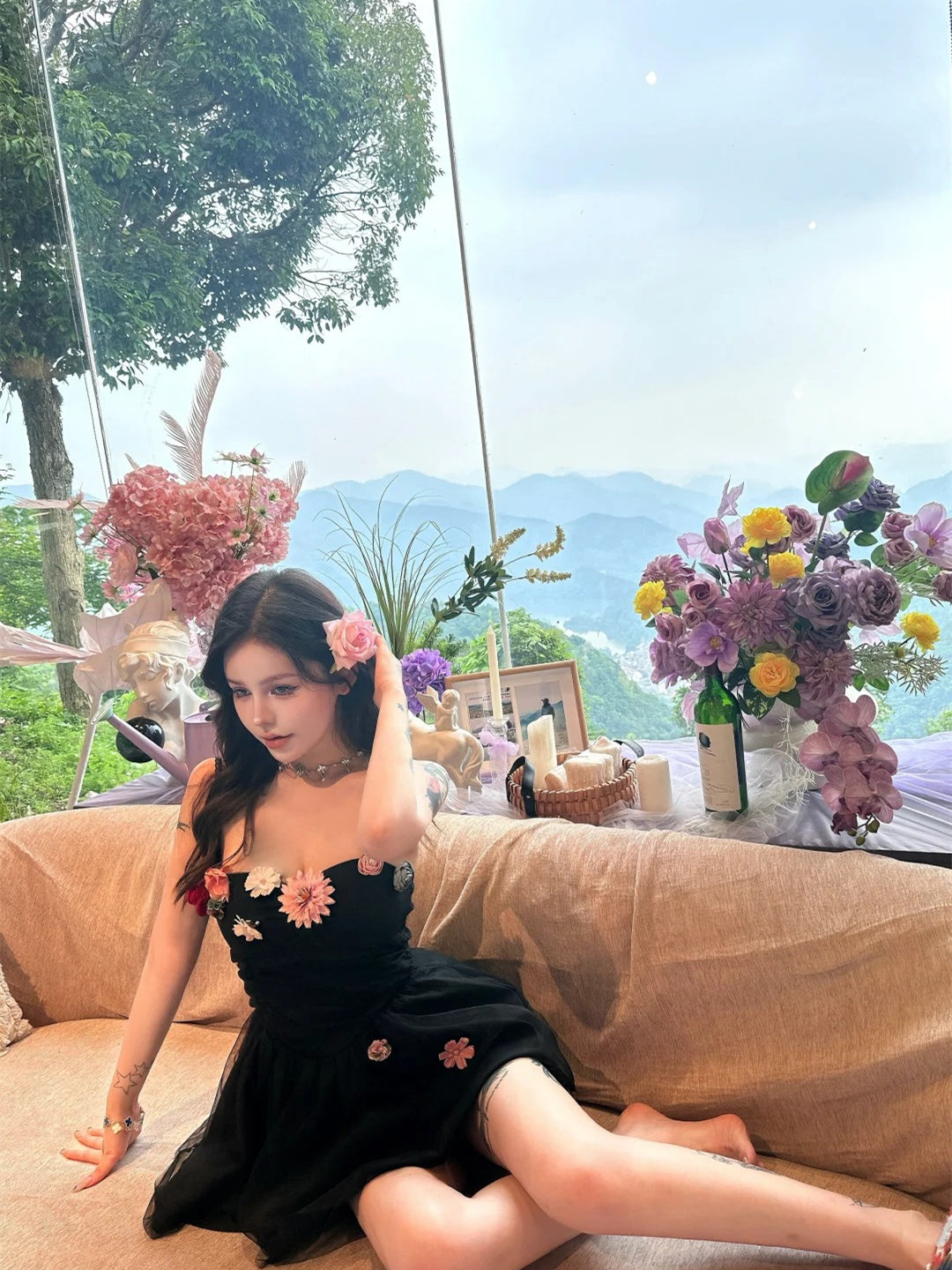 Three-dimensional flower suspender dress summer irregular skirt fishbone waist homecoming dress R3008