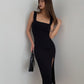 Super temperament square collar slit skirt sexy slim waist S-shaped hot girl figure hip dress R3026