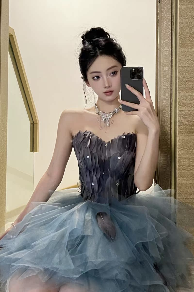 New slim fit feather evening dress prom dinner annual party tutu short homecoming dress R3012