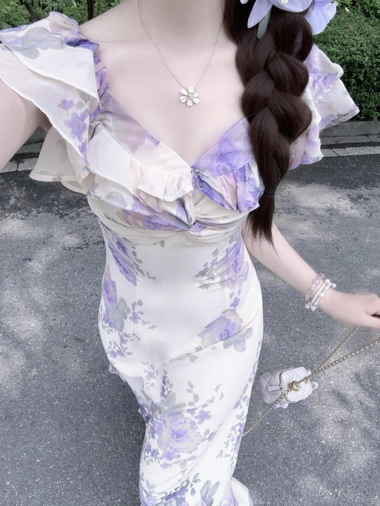 Purple chiffon floral dress for women 2025 summer beautiful waist long dress homecoming dress R3013