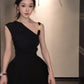 French black off-shoulder irregular pleated vest top bud skirt two-piece homecoming dress R3024