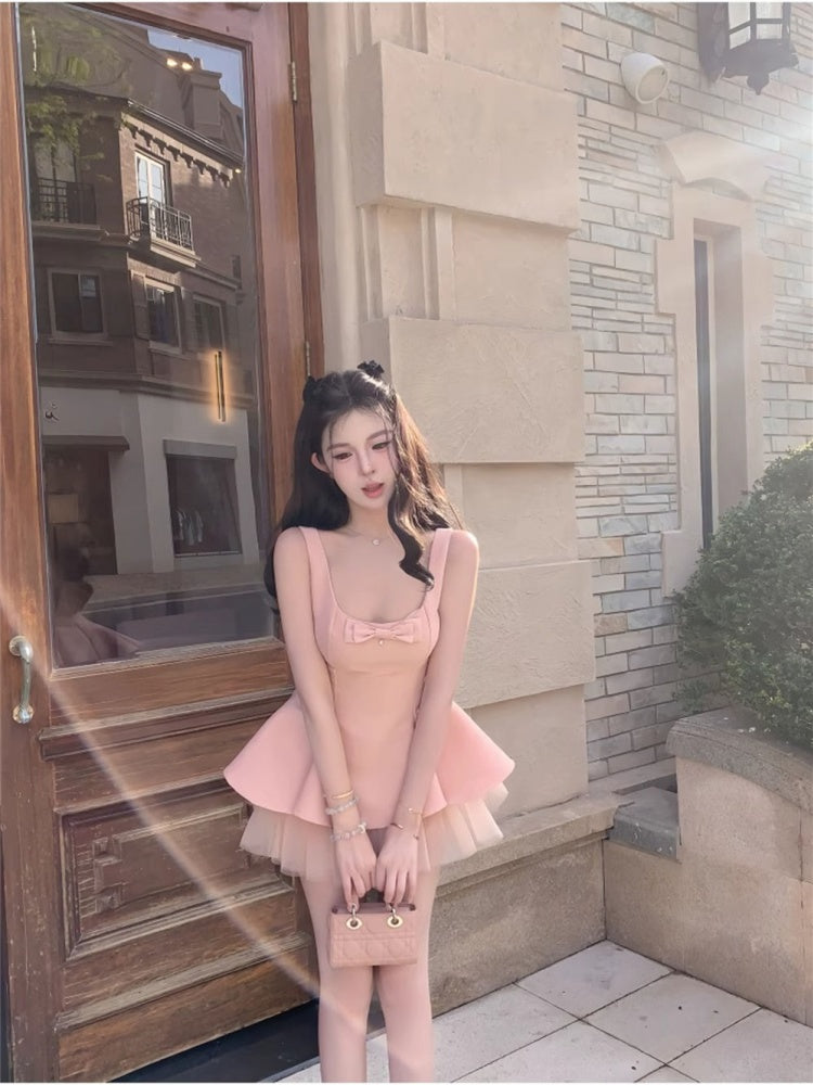 Sweet temperament square collar pink dress female summer new style puffy princess dress homecoming dress R3014