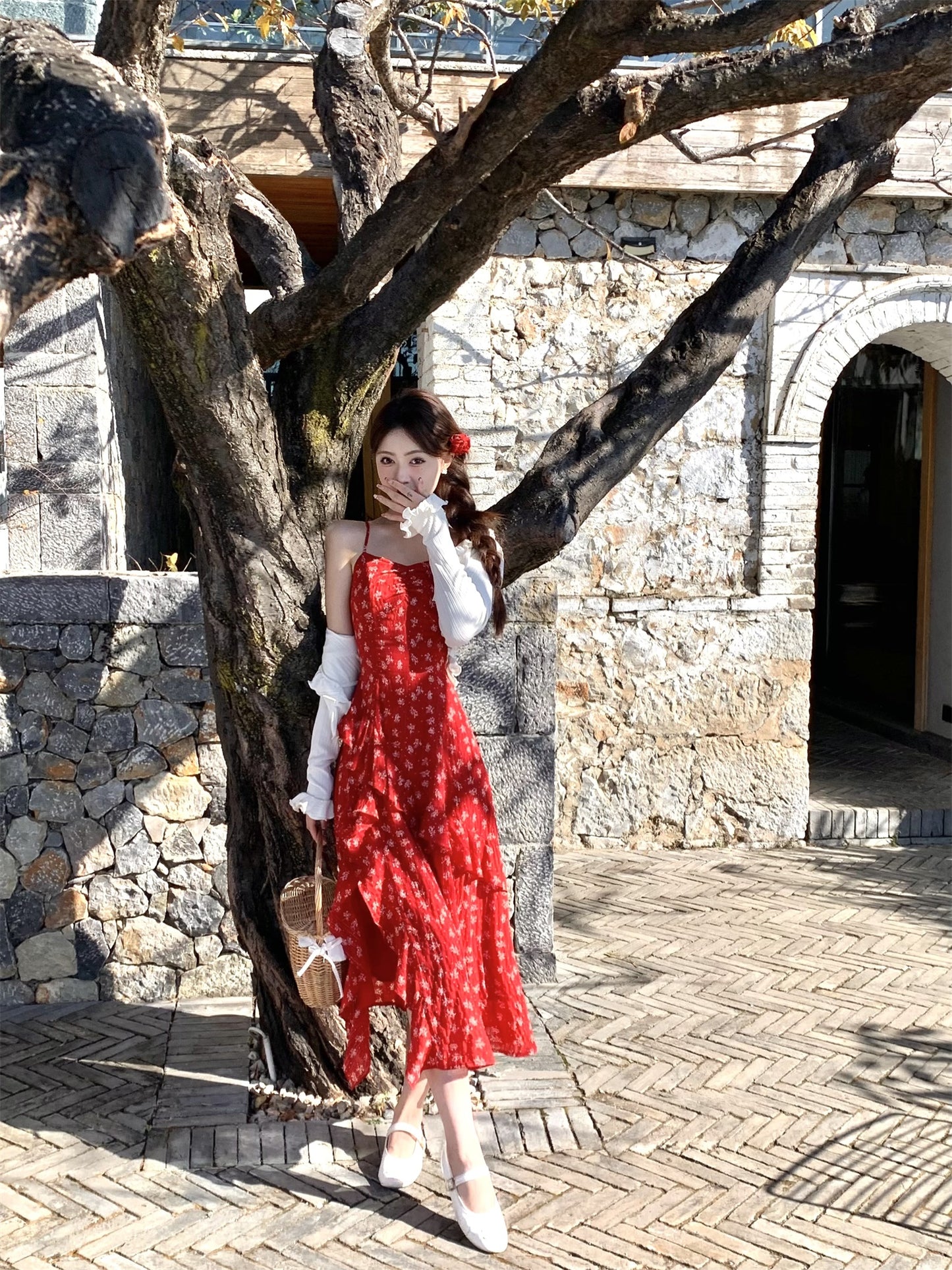 French style beautiful red suspender dress irregular slit long skirt R3865