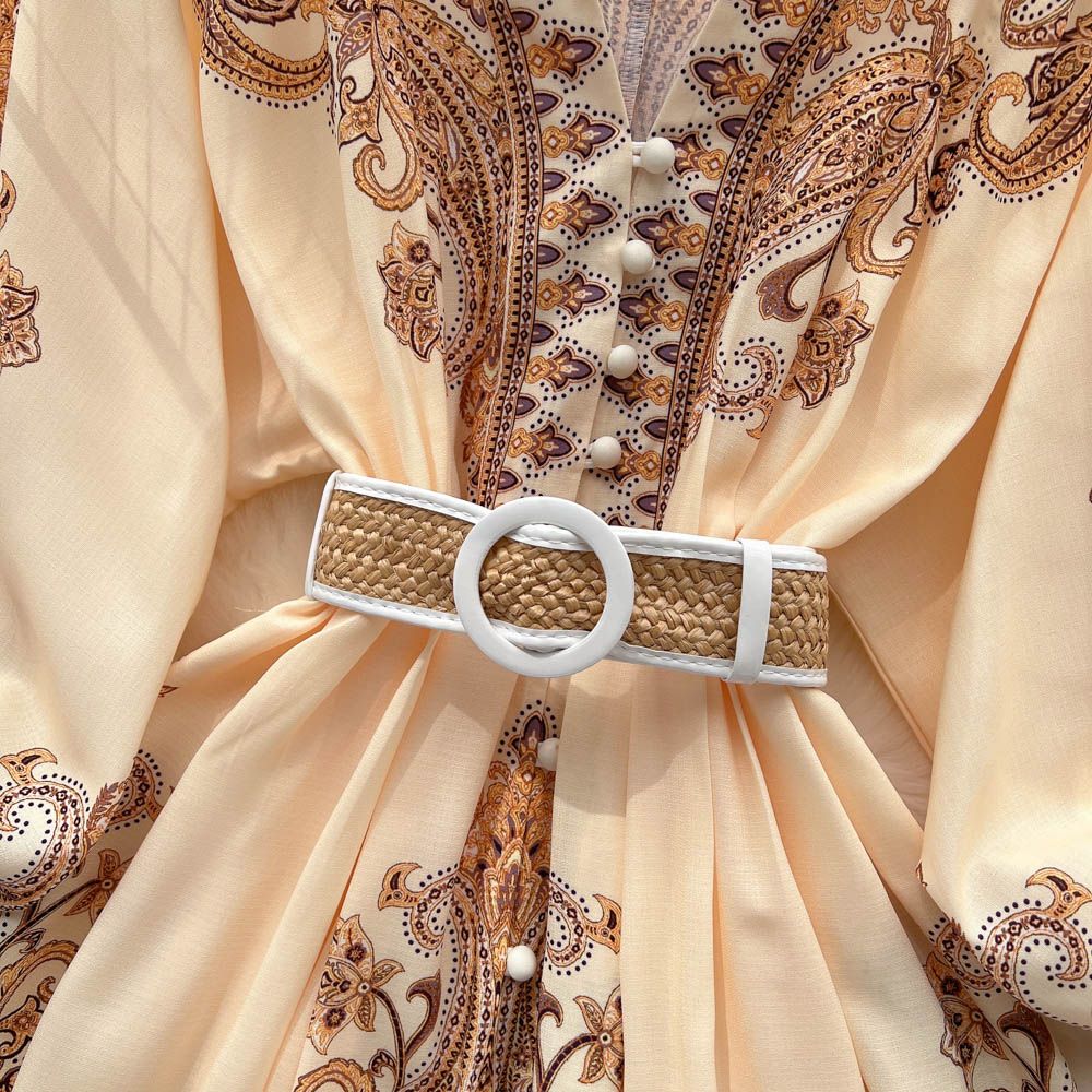 New French retro holiday style V-neck lantern sleeve waisted medium-length printed petite dress R2242