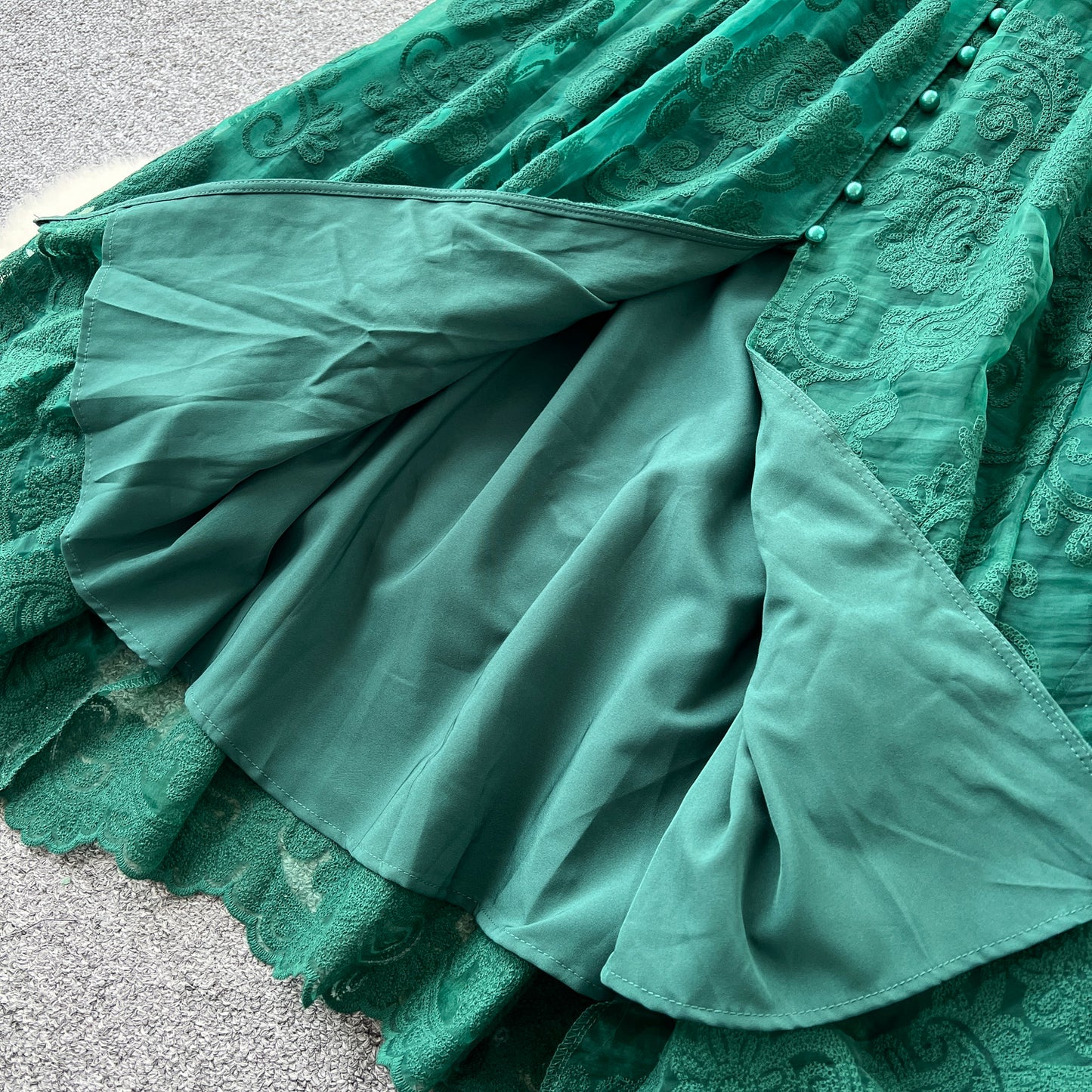 Elegant Stand Collar Crochet Embroidery Lantern Sleeve Tie Waist Long Dress R2250