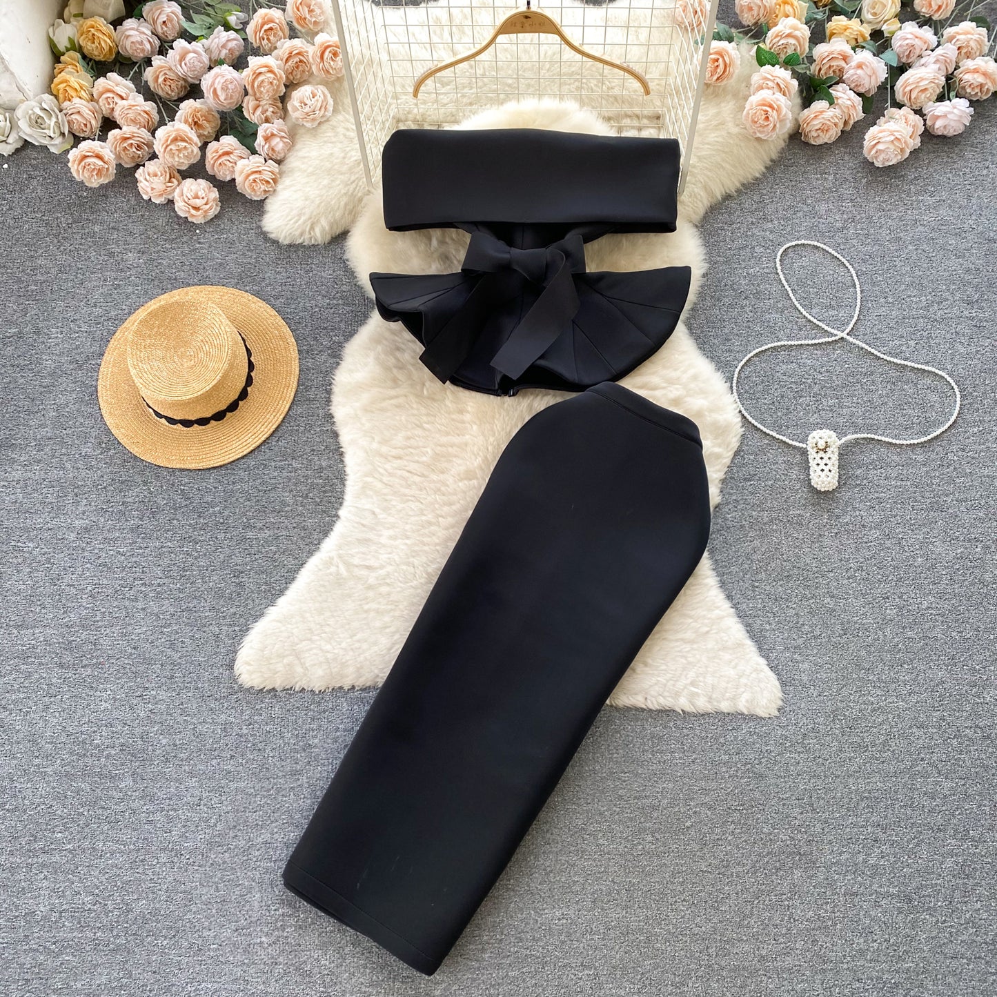 Palace style dress suit sexy one shoulder waist lotus leaf hem top versatile skirt two piece suit R2251