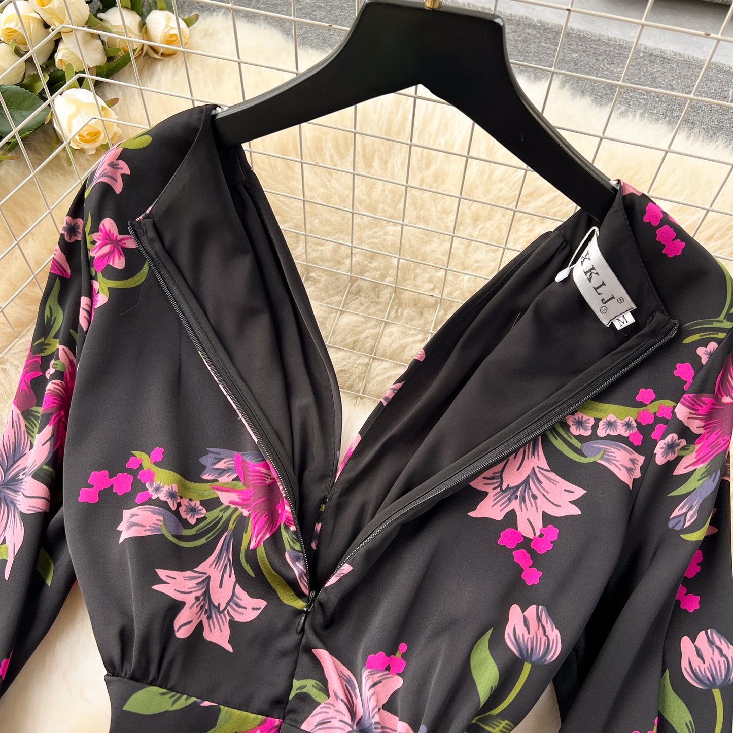 Temperamental and elegant dress 2025 new waist lantern sleeves printed dress long skirt R2246