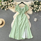 Retro romantic floral dress summer puff sleeves slit design niche chic beautiful long skirt R2248