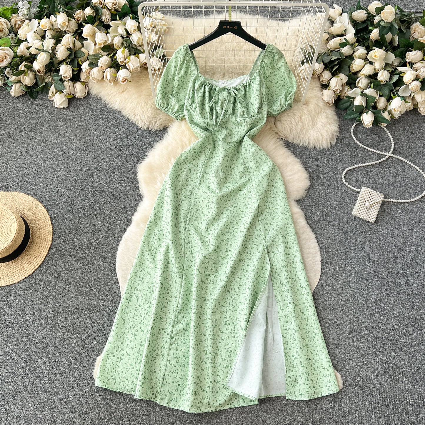 Retro romantic floral dress summer puff sleeves slit design niche chic beautiful long skirt R2248