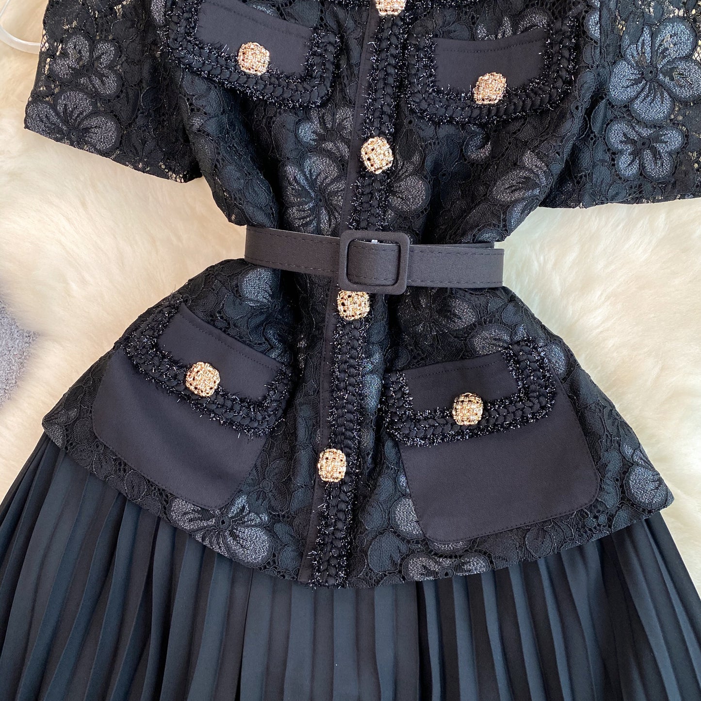 French Chanel style dress exquisite temperament square neck lace pleated long dress R2243