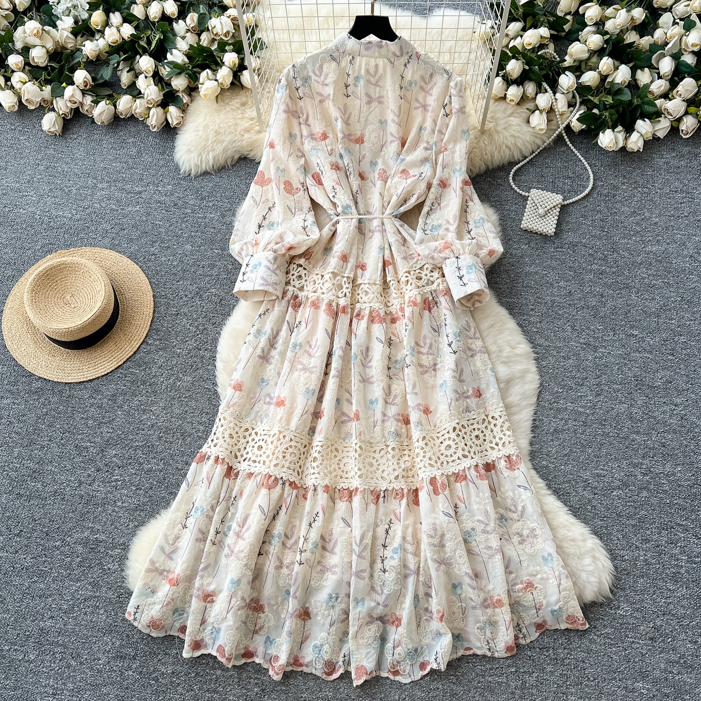 Palace style lace patchwork waist dress French slim print embroidered fairy long dress R2244
