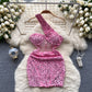 French lady style oblique collar dress mesh sequins niche hip-wrapped hot girl short skirt R2247
