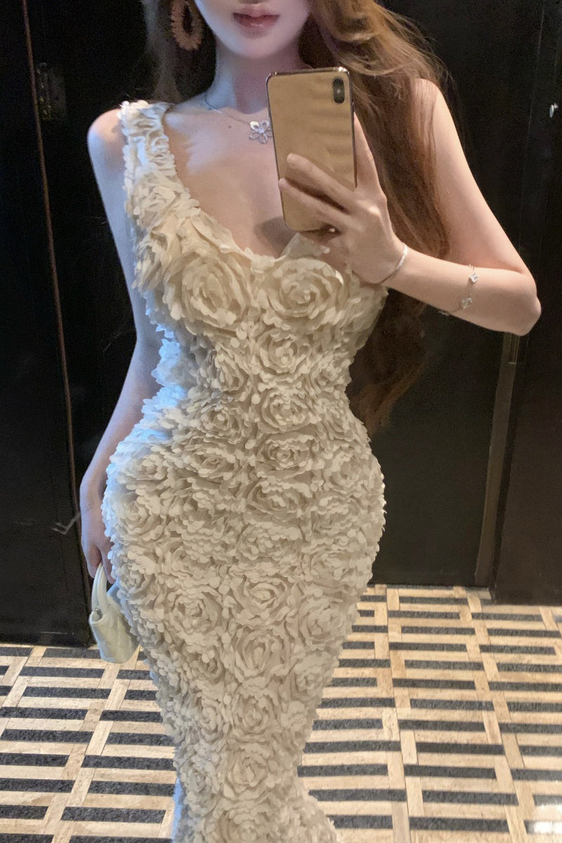 Temperament V-neck three-dimensional flower suspender dress with waist and slim fit hip skirt R0540