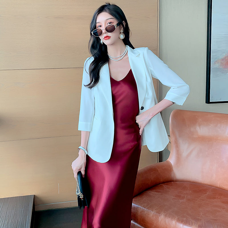 High-grade drape silk satin V-neck suspender dress mid-length temperament skirt R0997