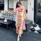 Noble temperament printed suspender dress 2025 new acetate satin long skirt R0999