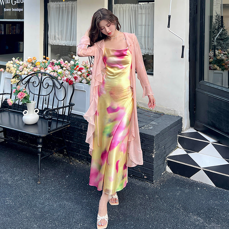 Noble temperament printed suspender dress 2025 new acetate satin long skirt R0999