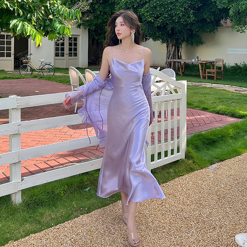 Satin dress with a swaying collar, high-end niche sexy suspender dress, purple inner long skirt R0998
