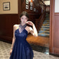 Blue halter dress with rhinestones, slim waist, A-line short dress R0571