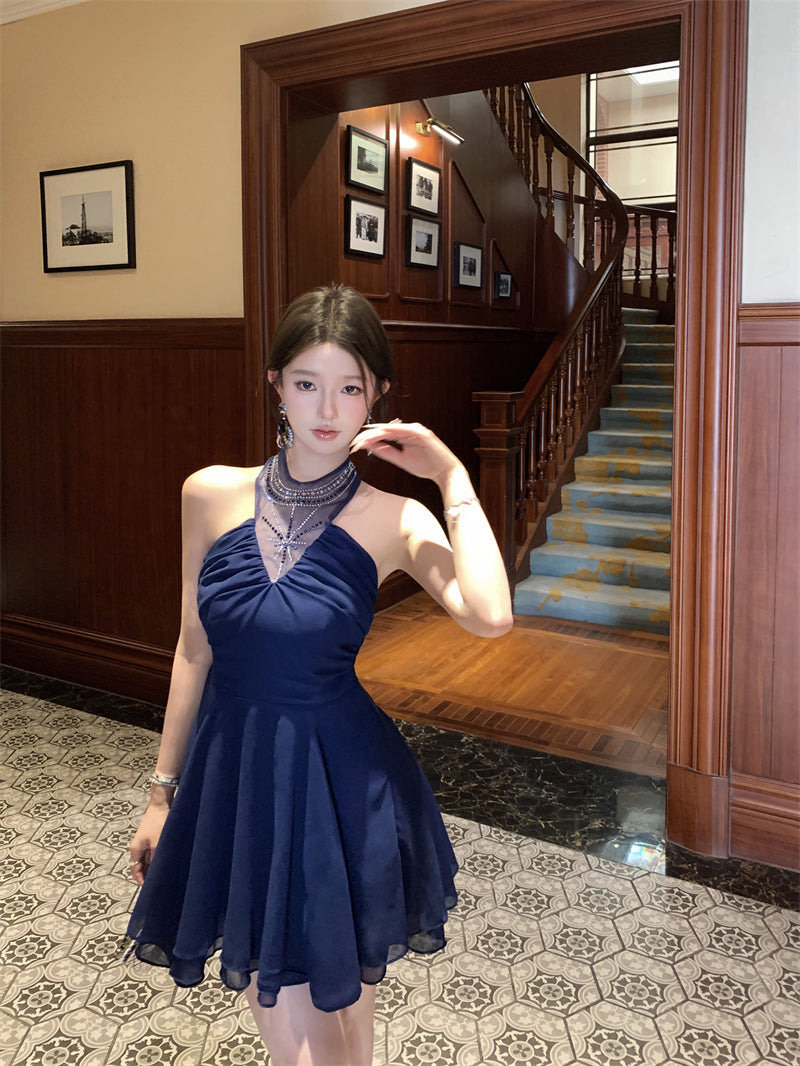 Blue halter dress with rhinestones, slim waist, A-line short dress R0571