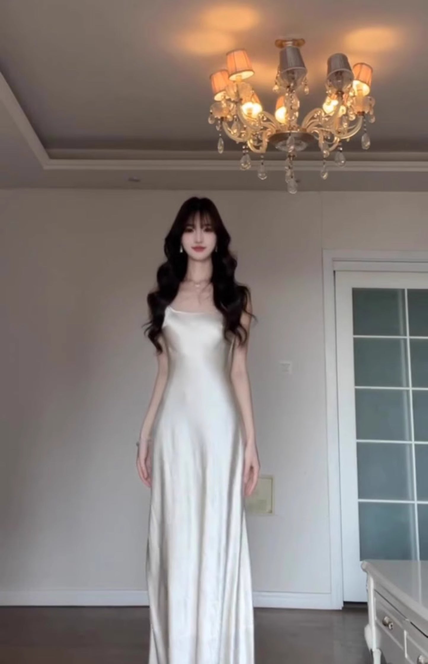 Satin suspender dress unique waist backless banquet dress R0512