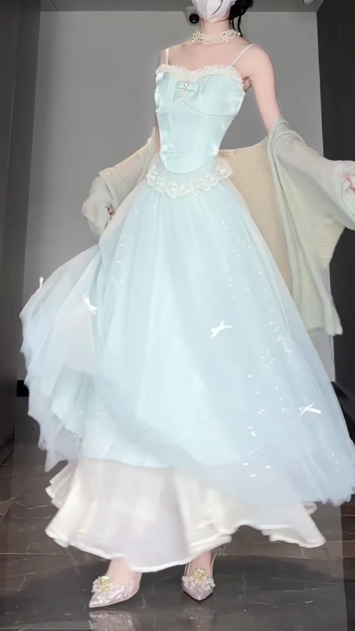 Qianjin Outfit Blue Camisole Vest Mesh Skirt Two-piece Set R0511