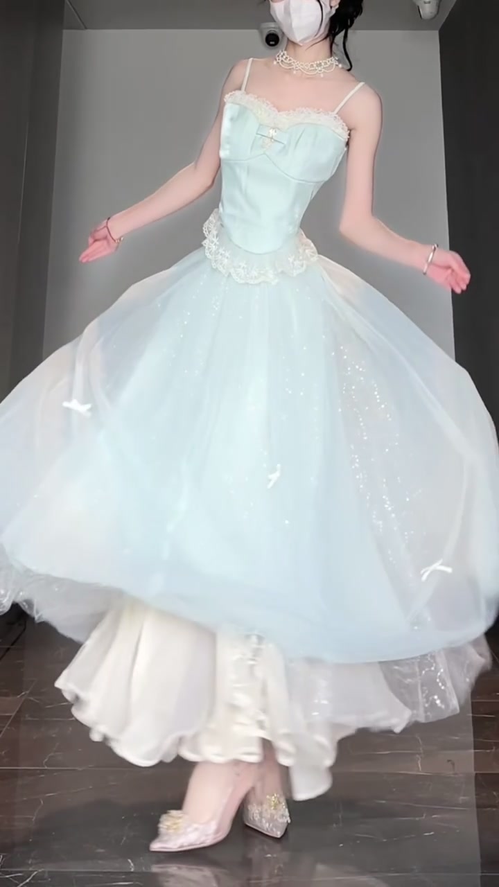 Qianjin Outfit Blue Camisole Vest Mesh Skirt Two-piece Set R0511