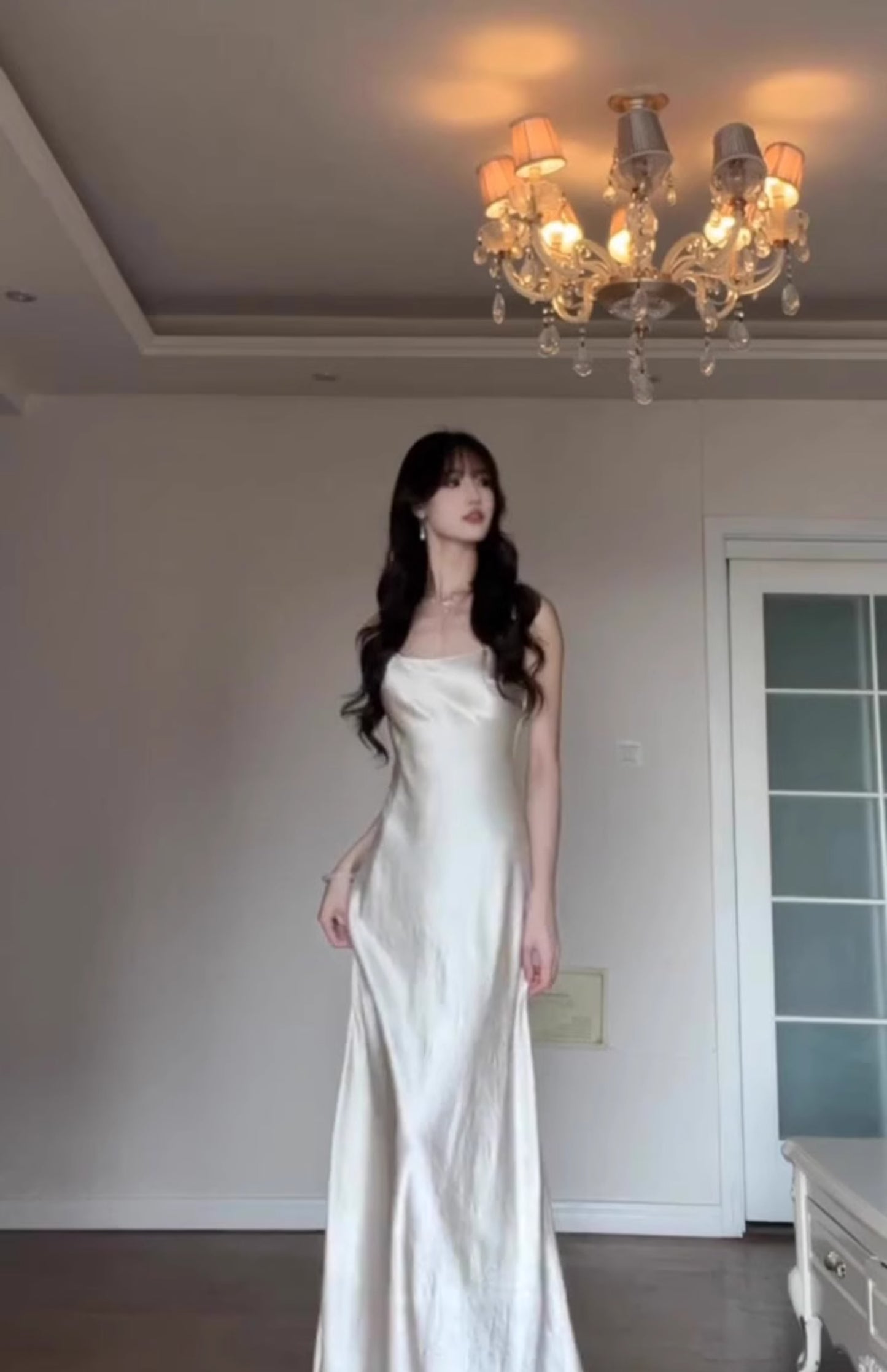 Satin suspender dress unique waist backless banquet dress R0512