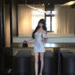 Black and white polka dot one-shoulder dress with elegant waist and slim fit A-line short skirt R0811