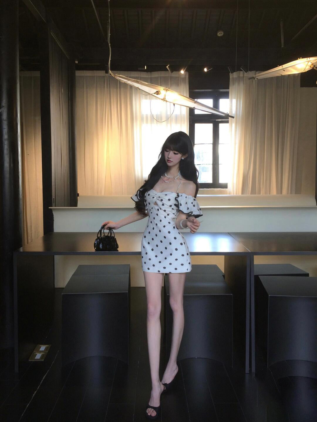 Black and white polka dot one-shoulder dress with elegant waist and slim fit A-line short skirt R0811